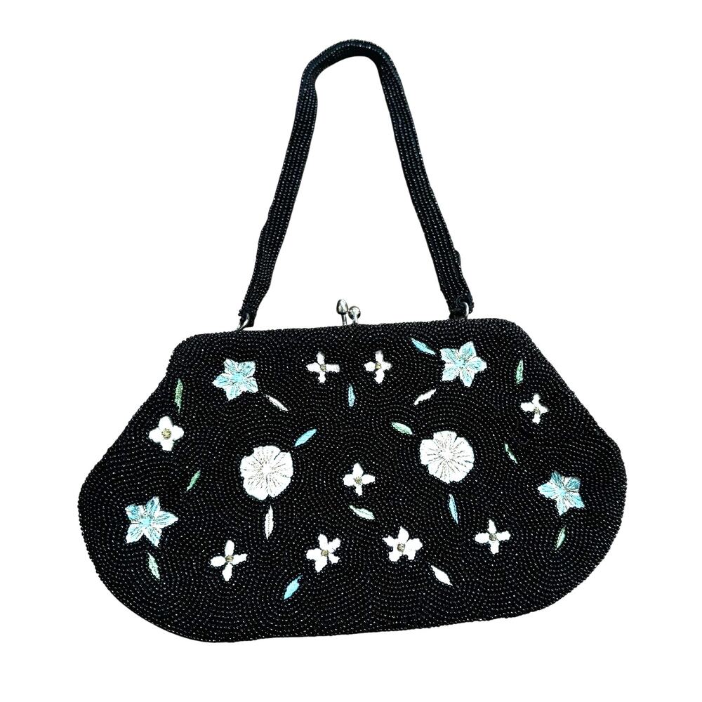 Vintage Richere black beaded evening bag top handle purse floral bead work Japan